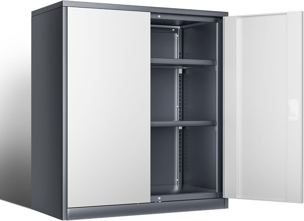 DNA MOTORING 36'' Metal Storage Cabinet, Locking Tool Cabinet with 2 Doors and 2 Adjustable Shelves, Heavy Duty Metal Locker for Garage,Office,Home,Gym, Gray White, TOOLS-00631-GY-WH-A