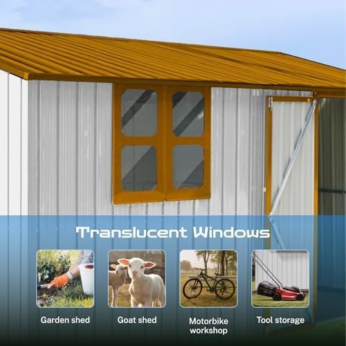 10 x 8 FT Outdoor Storage Shed, Metal Garden Tool Shed with Slooping Roof, Lockable Doors and Windows, Easy to Assemble for Garden, Patio, Lawn, White+Yellow