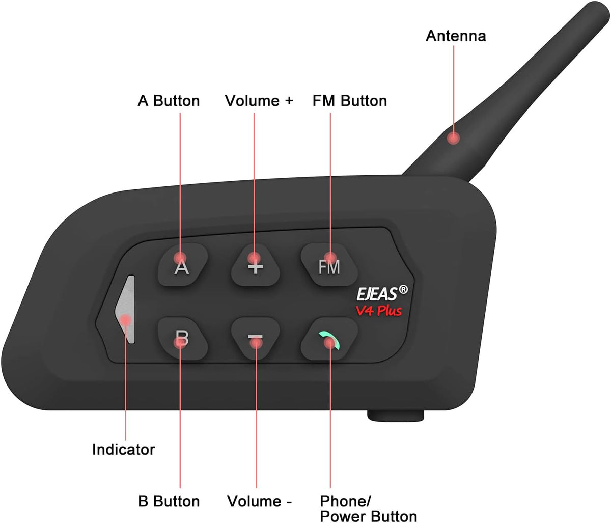 V4 Plus Motorcycle Bluetooth Helmet Intercom Headset, 4 Rides Group Communication System for Motorcycling Soccer Referees Skiing ATV/Off Road (4 Pack)