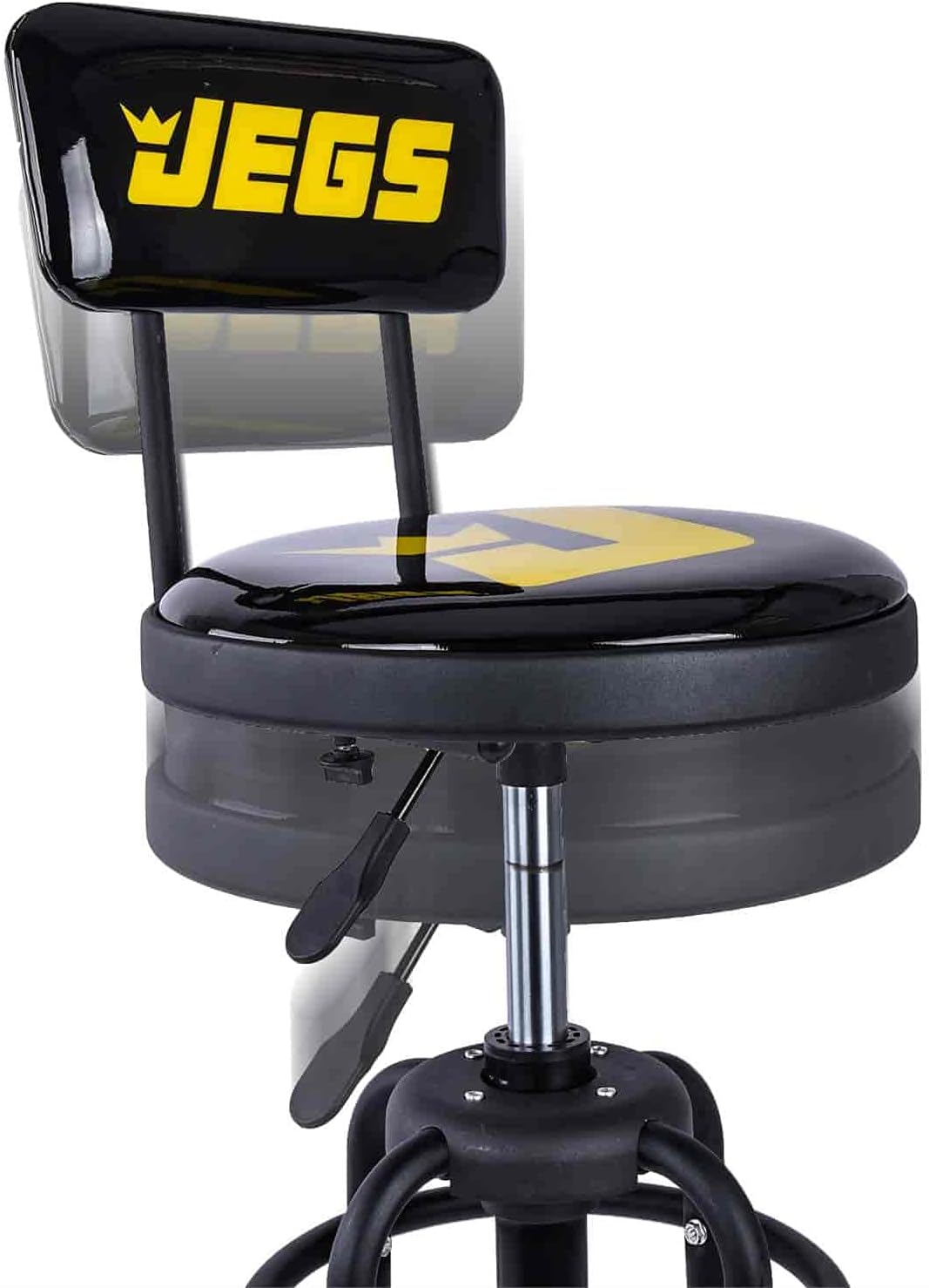 JEGS Hydraulic Shop Stool with Backrest - Adjustable Height (28" to 32.5") & 360 Degree Swivel - Vinyl Padded Seat & Backrest - Heavy Duty - Up to 300lb Capacity