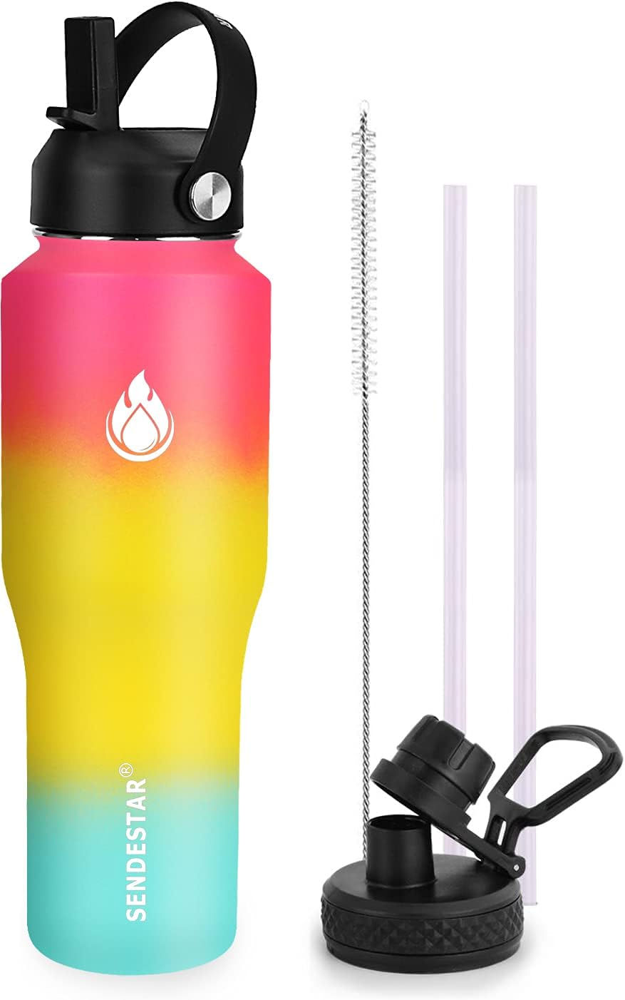 SENDESTAR Water Bottle 32oz,2 Lids(Straw lid),Wide Mouth Stainless Steel Vacuum Insulated Double Wall Keep Liquids Cold or Hot All Day,Sweat Proof Sport Design,Fit Car Cup Holder(Sobert)