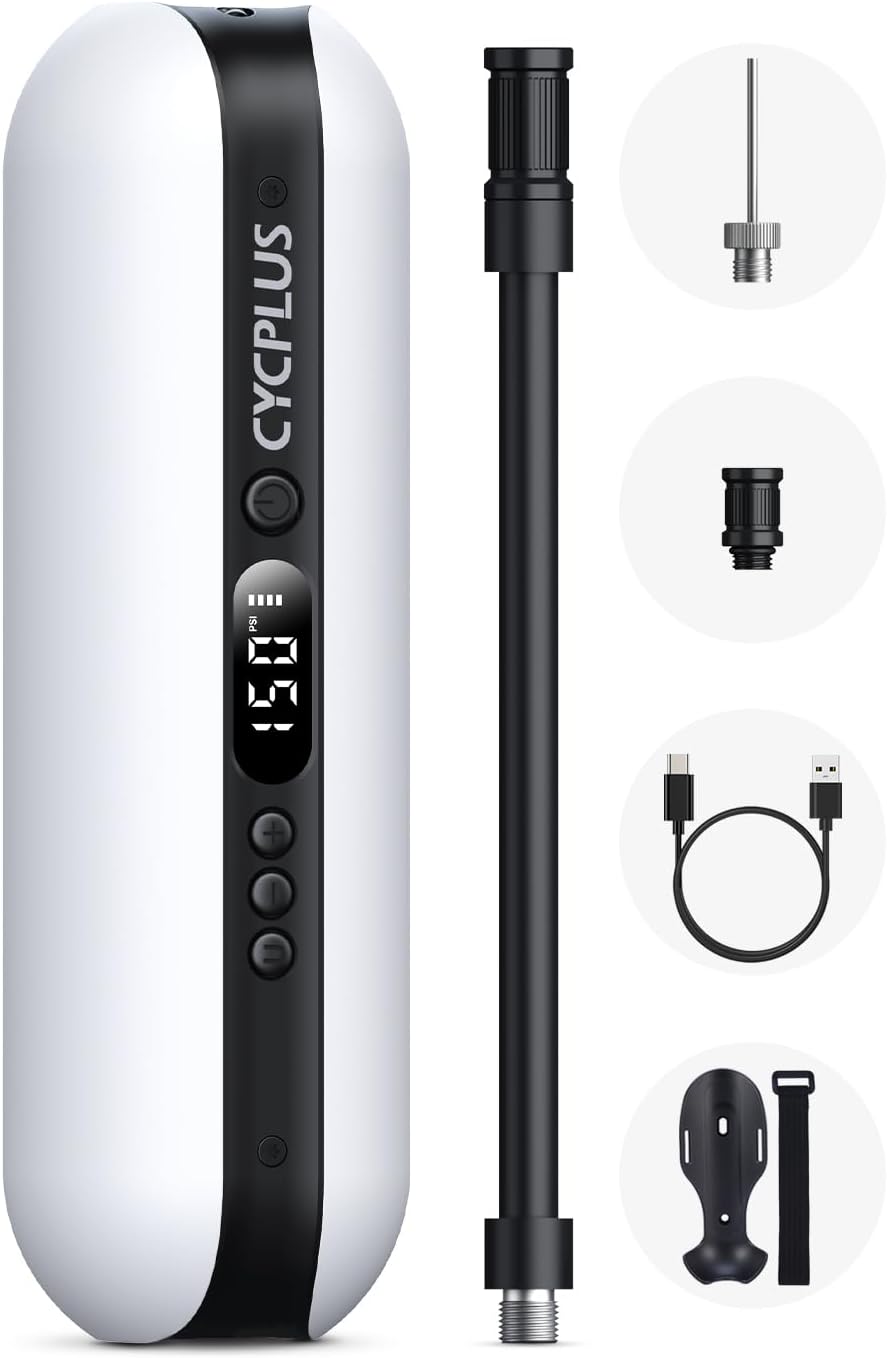 CYCPLUS Electric Air Compressor Portable Bicycle Pump Car Tire Inflator, Max 150 PSI, Auto Shut-Off Air Pump with Presta and Schrader Valves for All Bicycles Motorcycles and Cars