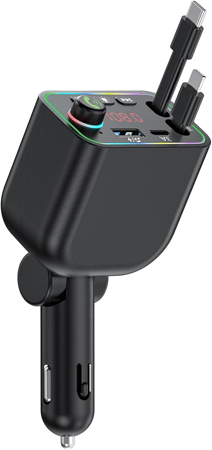 Vitog Retractable Car Charger, Wireless Bluetooth 5.3 FM Transmitter 100W USB C 4 in 1 Fast Car Charger Adapter,iPhone 16 Fast Charging-for iPhone 16 15 14 13 12 Android