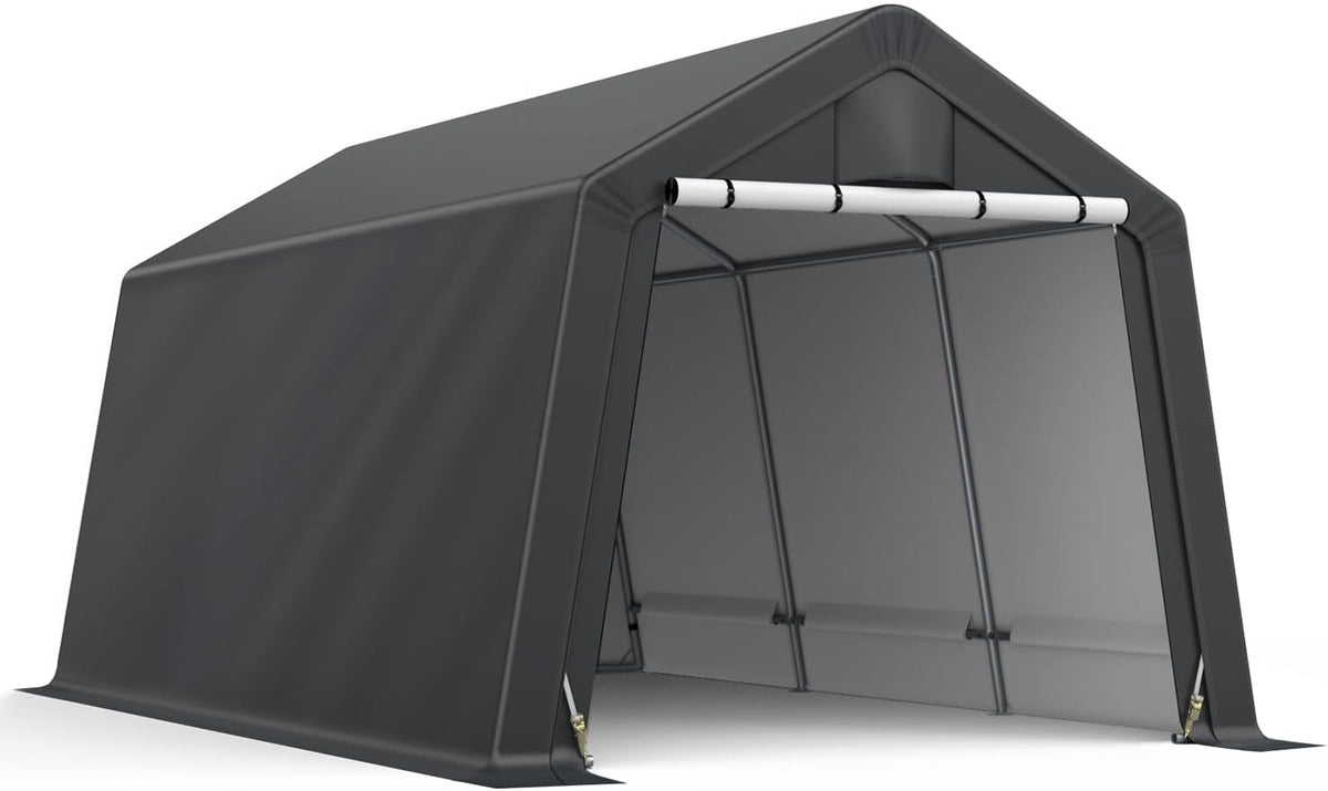 10x15FT Outdoor Storage Shelter Carport,Thickened Double-layer Heavy Duty Storage Shed Carport with Roll-up Zipper for Bike, Motorcycle, Garden Storage, Dual-color PE Waterproof and UV Resistant, Gray