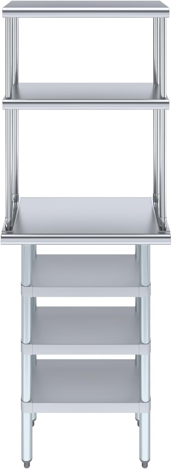 Amgood 14" x 24" Stainless Steel Work Table with 3 Shelves and 12" Wide Double Tier Overshelf | Metal Kitchen Prep Table & Shelving Combo | NSF