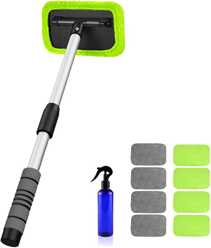 XINDELL Windshield Cleaning Tool for Car – 22inch Extendable Handle Window Cleaner with Reusable Microfiber Pads, Streak-Free Interior & Exterior Auto Glass Cleaner (Green)
