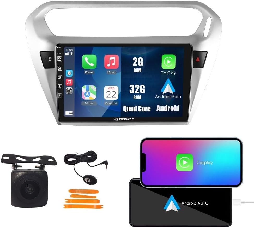 Kunfine Car CarPlay Android Auto Navigation Stereo GPS Radio Reverse Camera Display 9" IPS Touchscreen Headunit Tablet Pad Media Player For Peugeot 301 2013-2022, if Applicable Quad Core 2G+32G Silver