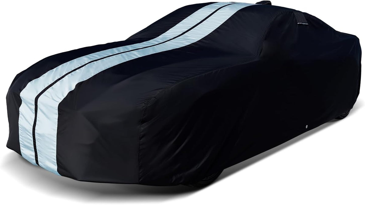 iCarCover Custom Car Cover for Pontiac Fiero SE, Sport Notchback (1984-1988) Waterproof All-Weather Rain Snow UV Sun Protector Full Exterior Indoor Outdoor Car Cover (Stripe - Black/Gray)