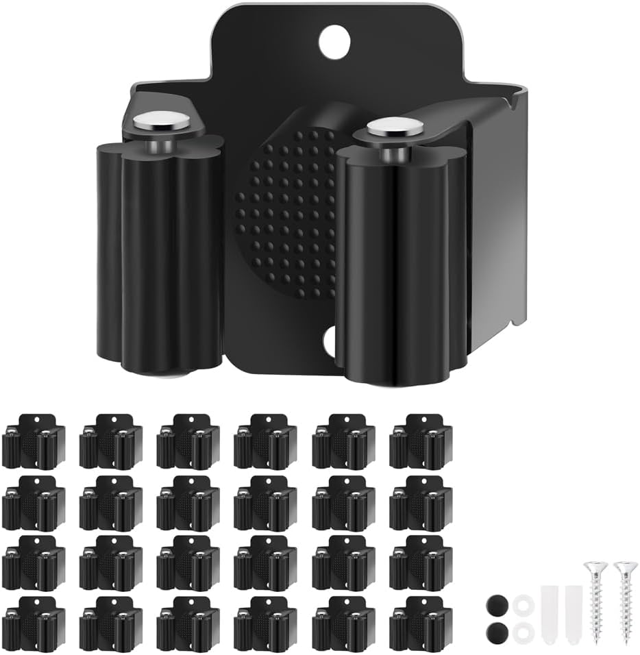 Broom Holder Wall Mount, 24PCS Broom Hanger Wall Mount, Stainless Steel Heavy Duty Mop Holder Broom Mop Hanger Wall with Screws, Garden Outdoor Tool Organizer Rack Broom Hanger (Black)