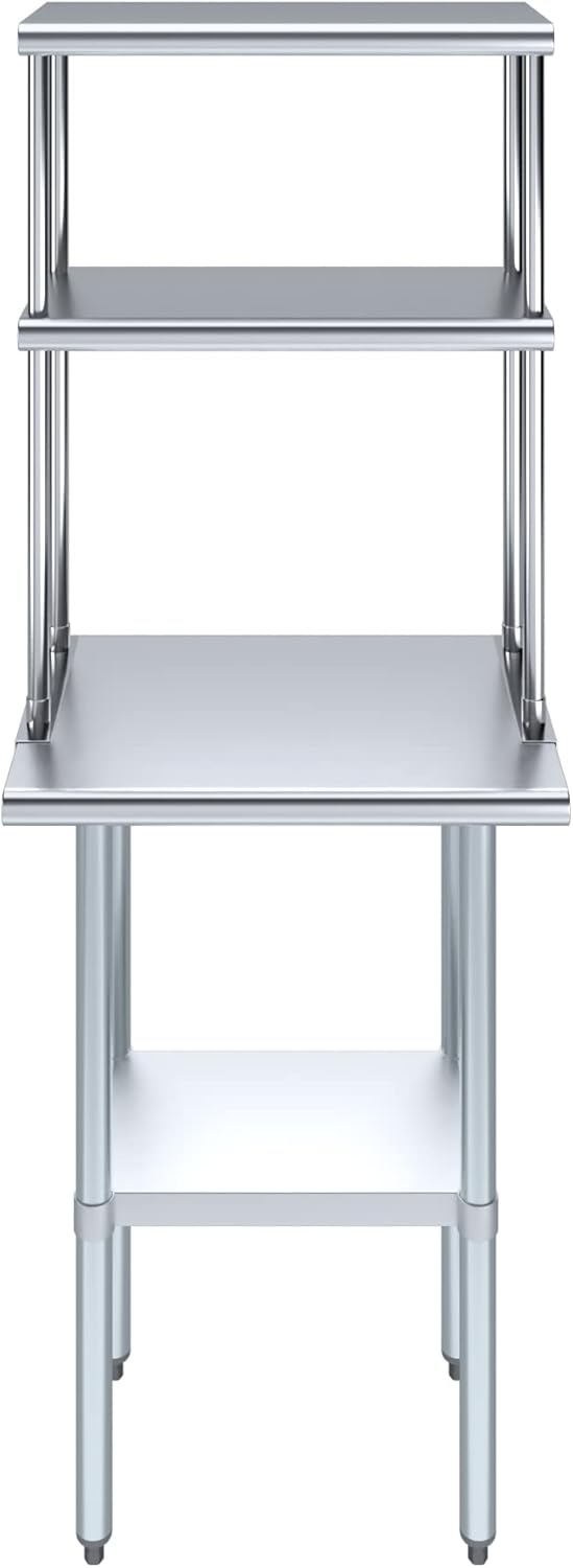 AmGood Stainless Steel Work Table Double Tier Overshelf | (18" x 24" Work Table + 12" Overshelf)