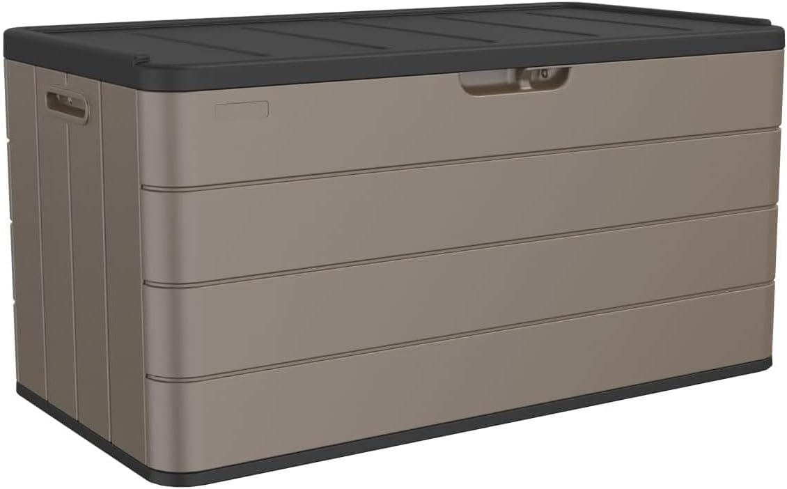 100 Gallon Plus Resin Deck Box, Waterproof Outdoor Storage Bin for Patio Furniture, Pool Accessories, and Garden Tools, Lockable & UV-Resistant, Brown