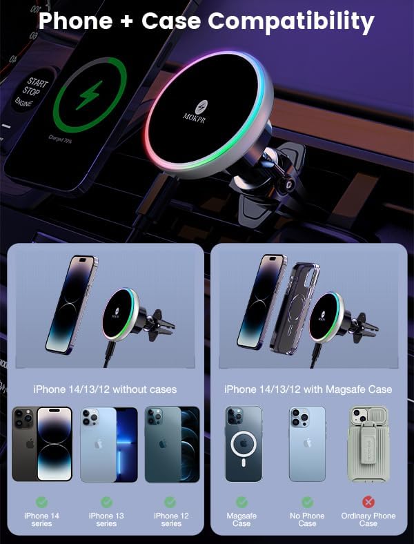 MOKPR for Magsafe Car Mount Charger-15W Wireless Car Charger-Magnetic Car Phone Holder for Dash Air Vent-LED RGB HandsFree Car Mount Fast Car Charger for iPhone 15/14/13/12 Series Silver