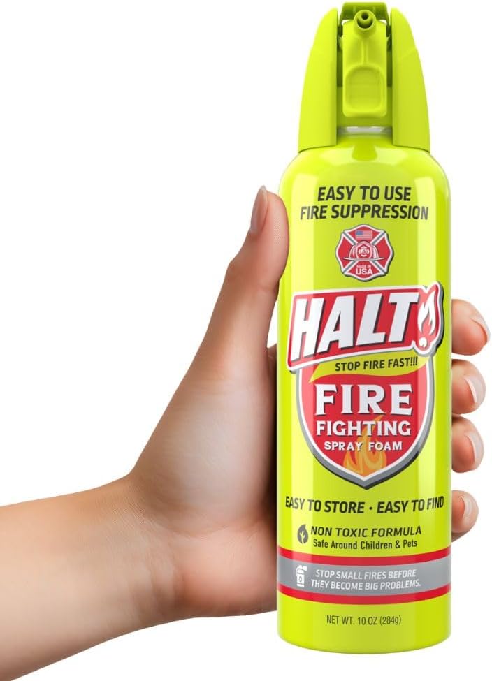 HALT! Fire Fighting Foam Spray – Non-Toxic, PFAS Free, Easy to Use, Store & Find in Emergency – Compact & Portable – Ideal for Home, Kitchen, Apartment, Car, BBQ, Tailgate – Made in USA (Single Pack)