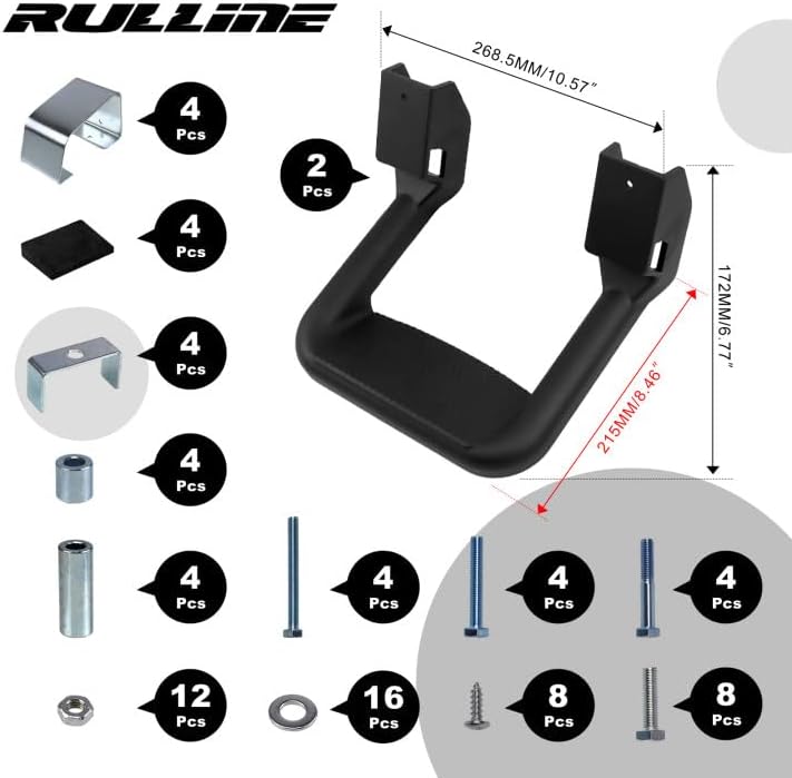 RULLINE Black Powder Coated Truck Side Step Set - 2 Pieces (1 Pair) with Mounting Brackets - Compatible with Chevy (Chevrolet), Ford, Toyota, GMC, Dodge RAM, and Jeep Trucks