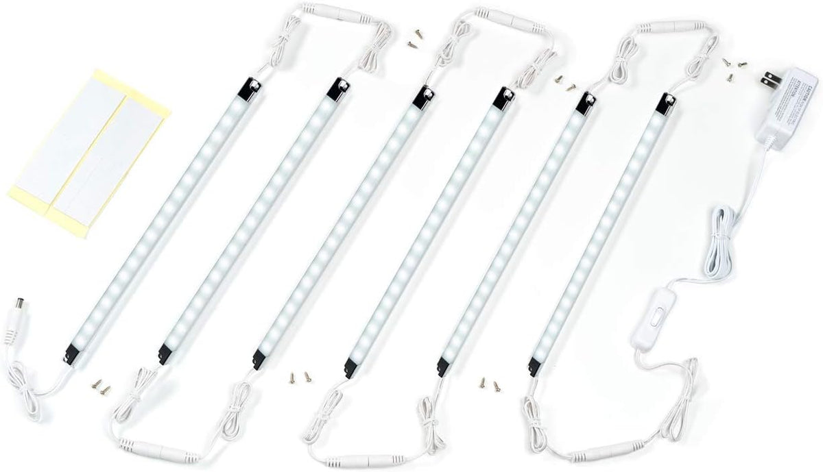 Led Light Strips Kit, (6) 12’’ Linkable Light Bars + Rocker Switch + UL Power Adapter, Under Cabinet Lighting for Locker Closet Shelf, Showcase Lighting, 6000K Cool White