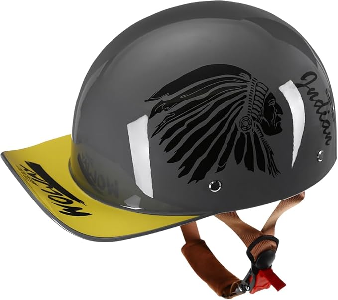Vintage Retro Open Face Motorcycle Helmet Baseball Cap Half Helmets with pull-down Lens for Men Women Moped Cap Jet Scooter Street Cruiser - DOT Certified (Indian-Gray,XX-Large)