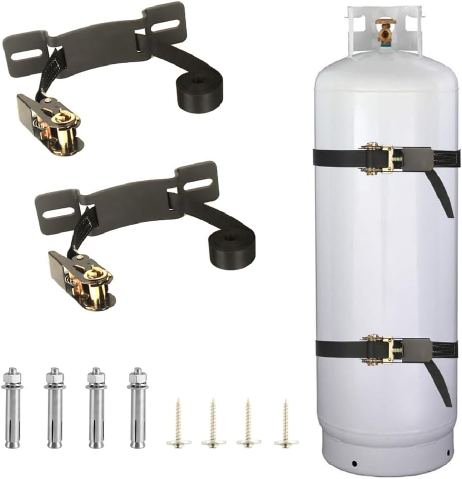 Propane Tank Holder ，Cylinder Wall Mounted Brackets, Ratchet Straps（6.6ft ）, Steel Gas Cylinder Holder, Heavy Duty Gas Cylinder Holder Wall-Mounted Bracket。 (black 2)