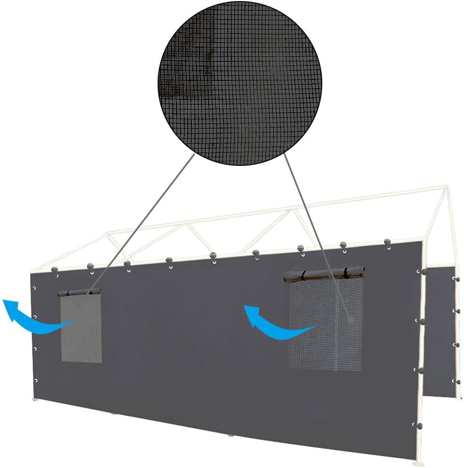 Sidewall Panel with Mesh Windows and Elastic Ball Bungees, for 10x20 FT or 12x20 FT Garage Party Tent Shelter - Gray, One Sidewall Panel Only