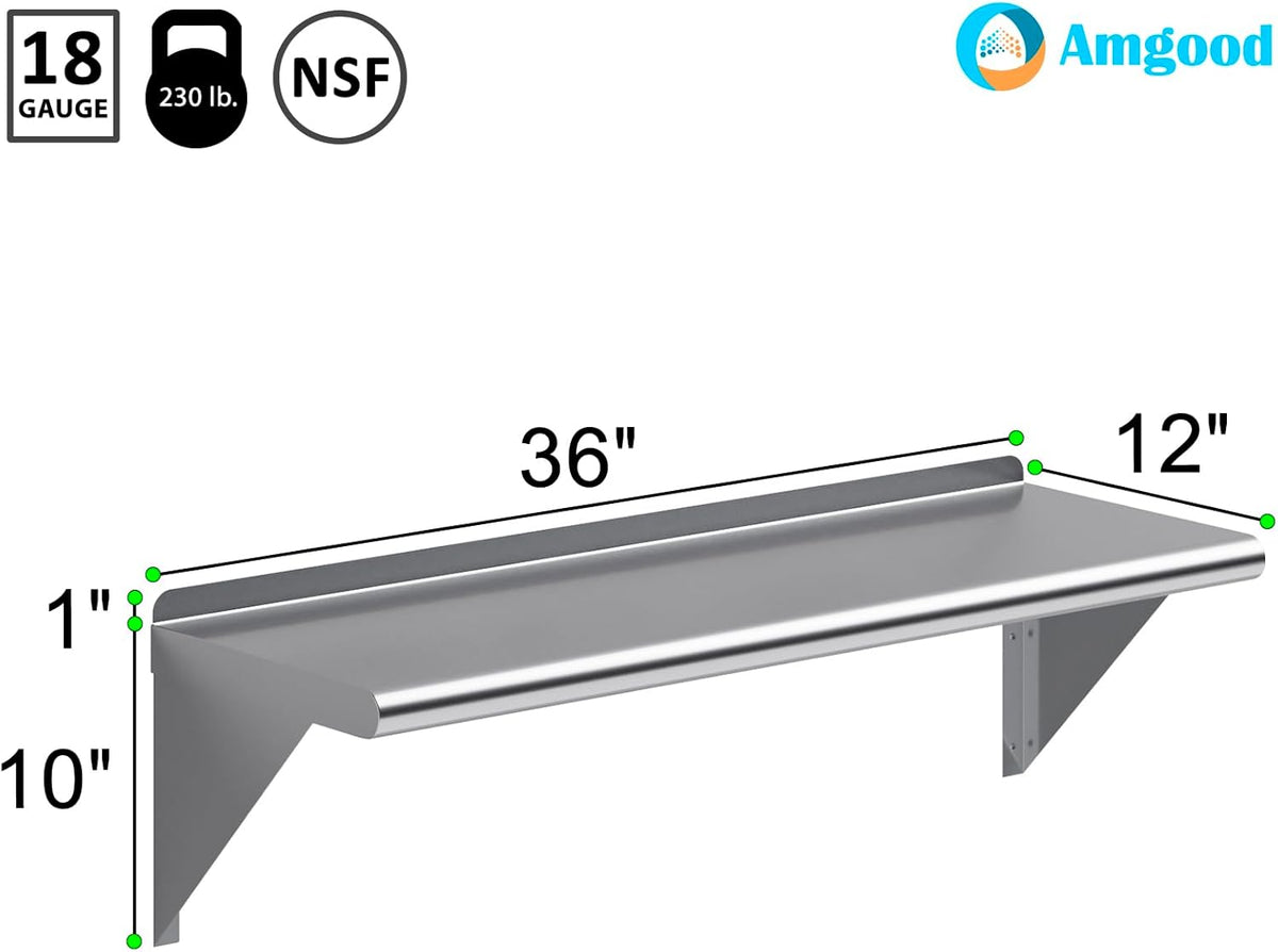 AmGood 36" Long X 12" Deep Stainless Steel Wall Shelf | NSF Certified | Appliance & Equipment Metal Shelving | Kitchen, Restaurant, Garage, Laundry, Utility Room