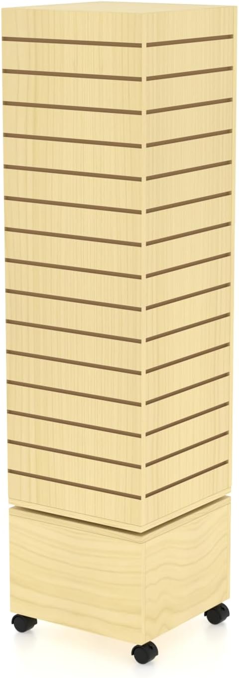 WISDOMFUR Rotating Slatwall Display Rack – 16"x16"x60" Maple Spinning Tower with Wheels – Retail Display Fixture for Accessories, Hooks & Shelves