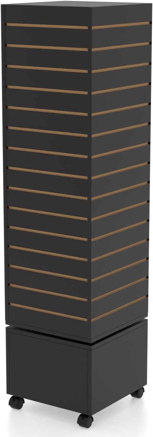 WISDOMFUR Rotating Slatwall Display Rack – 16"x16"x60" Black Spinning Tower with Wheels – Retail Display Fixture for Accessories, Hooks & Shelves