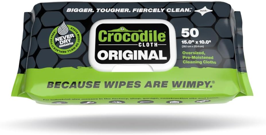 Crocodile Cloth Original Cleaning Wipes – 50 (15” x 10”) Hand & Tool Industrial Cleaning Wipes – Large Multi-Surface Cleaning Cloths, Water-Based Solution with Extreme Cleaning Power — Safe on Skin