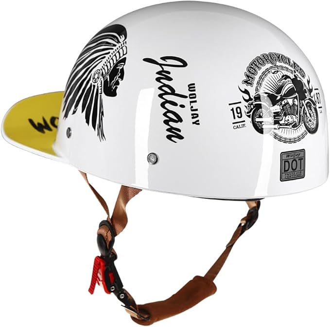 Vintage Retro Open Face Motorcycle Helmet Baseball Cap Half Helmets with pull-down Lens for Men Women Moped Cap Jet Scooter Street Cruiser - DOT Certified (Indian-White,X-Large)