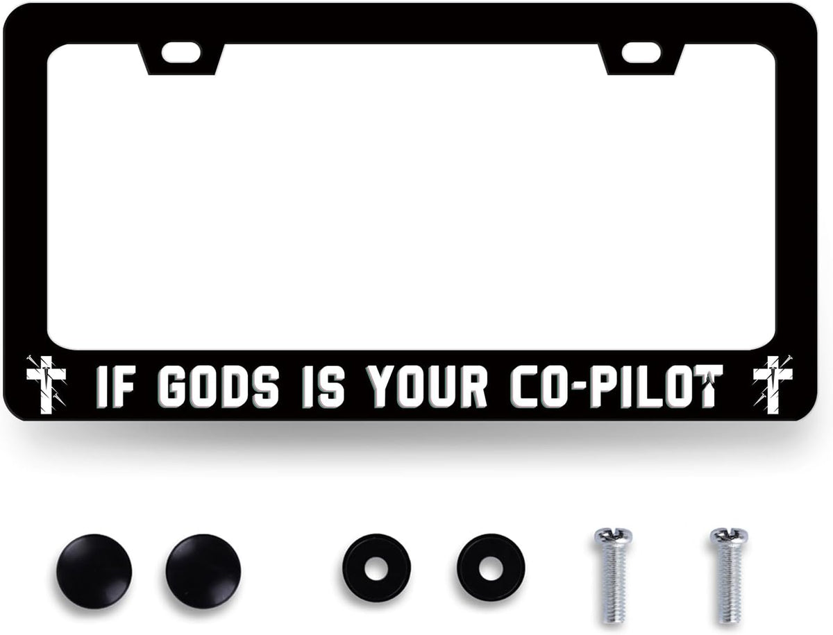 If Gods is Your Co-Pilot License Plate Frame Funny Jesus License Plate Stainless Steel Christian Car Accessory Religion License Plate Decoration Men Women Size 12.2" x6.2" with Screws