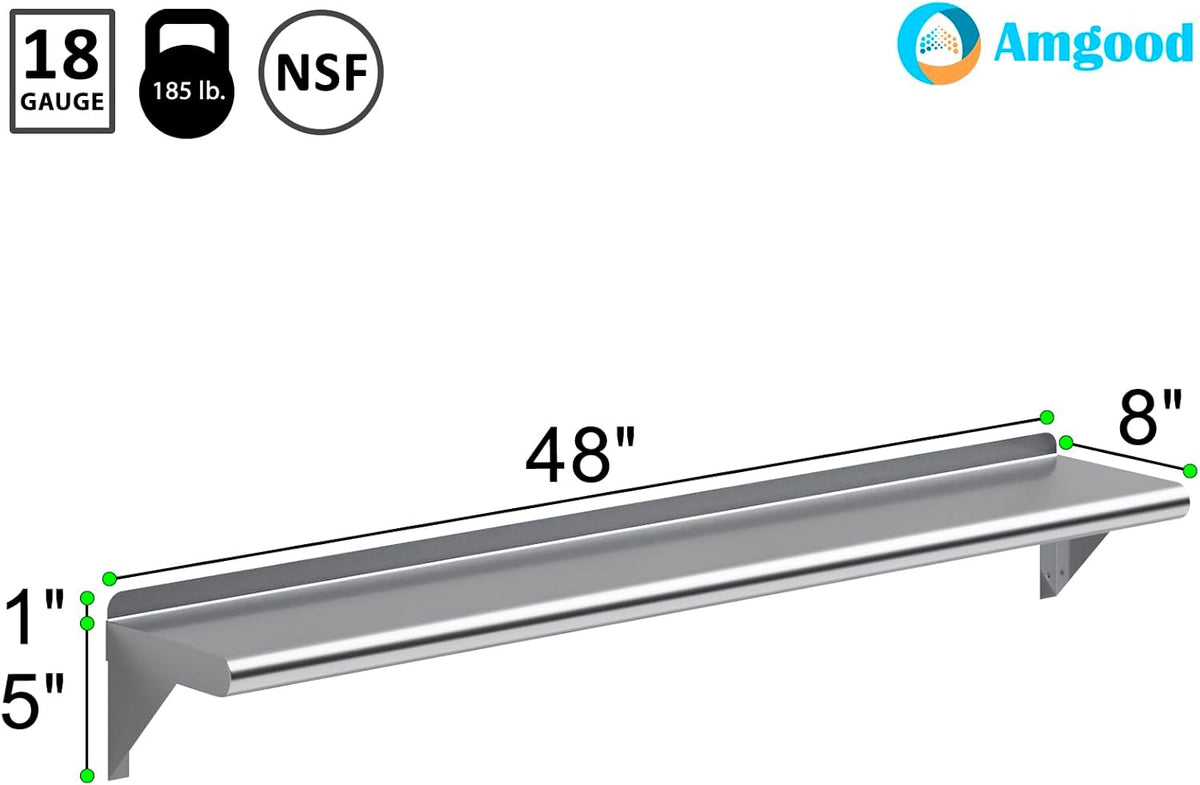 AmGood 48" Long X 8" Deep Stainless Steel Wall Shelf | NSF Certified | Appliance & Equipment Metal Shelving | Kitchen, Restaurant, Garage, Laundry, Utility Room