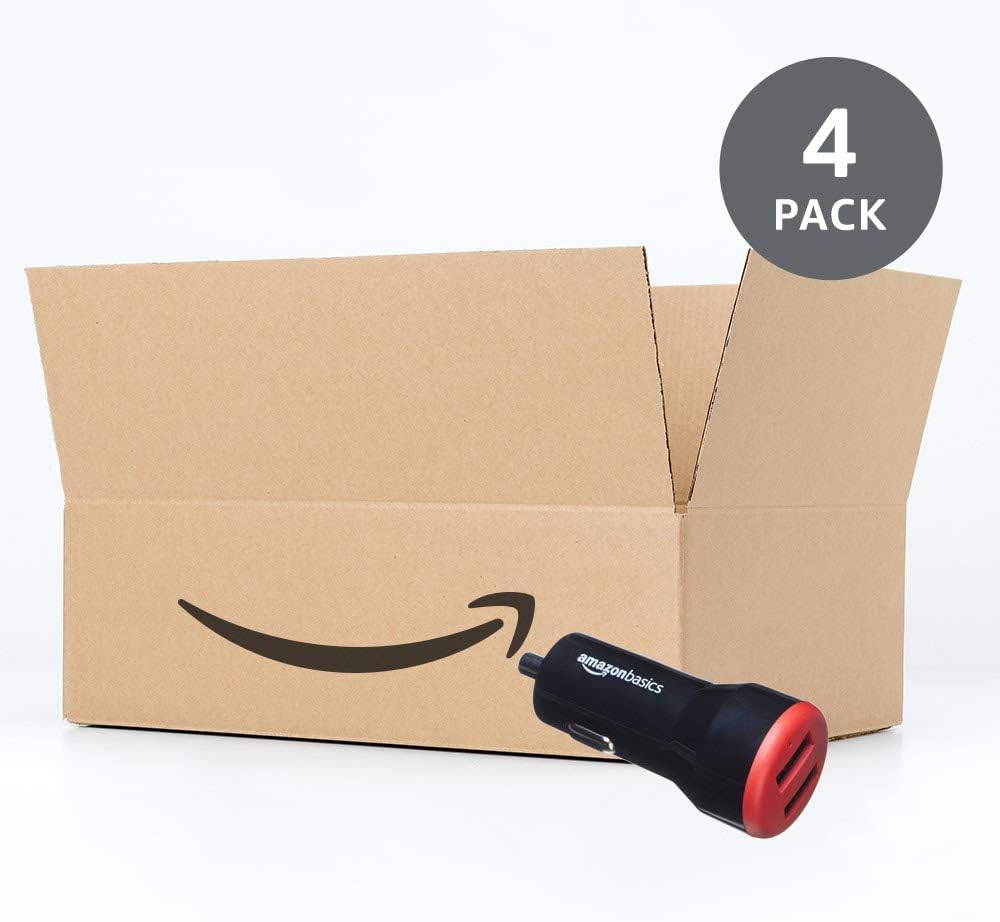 Amazon Basics 24W 2-port USB-A Car Charger for Phones (iPhone 16/15/14/13/12/11/X, Samsung, and more), non-PPS, Black/Red
