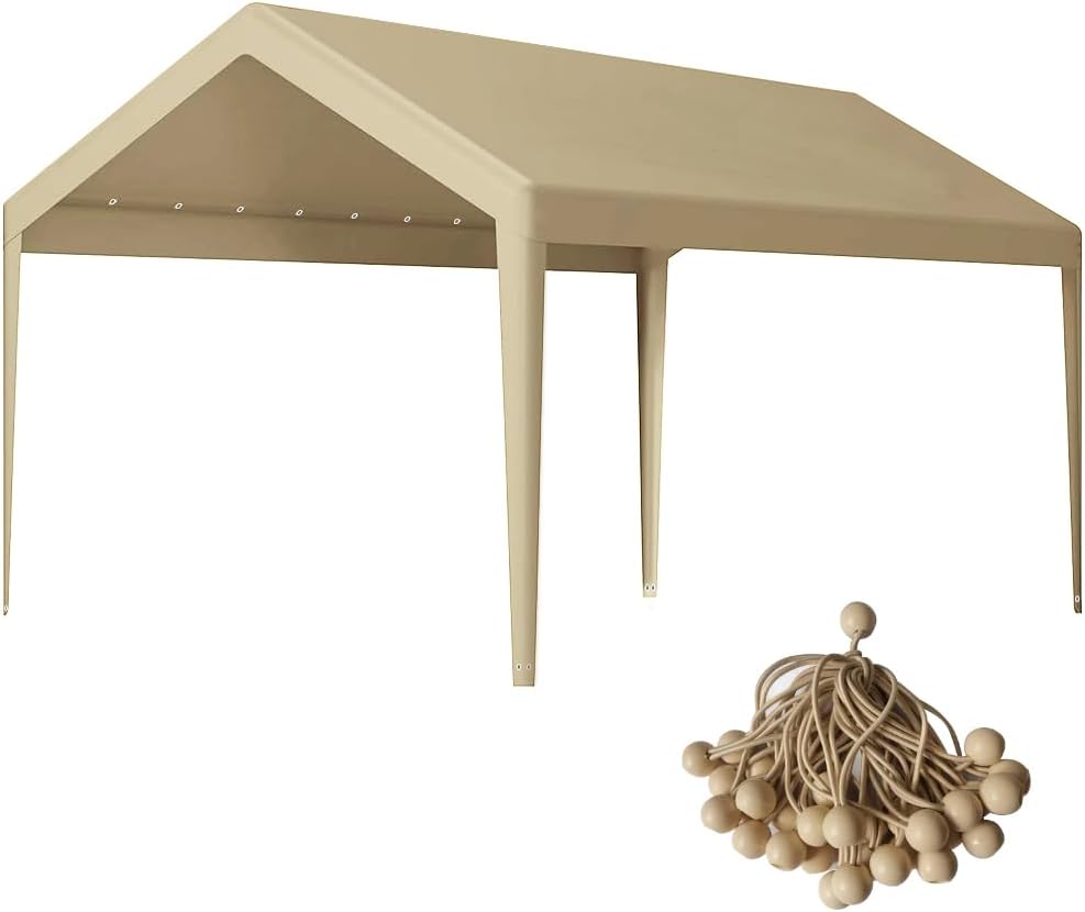 Rutile 12 x 20 FT Carport Replacement Cover, Heavy Duty Car Tarp Canopy Tent Garage Top Shelter Cover with Fabric Leg Pole Skirts and Ball Bungees Beige (Only Top Cover, Frame is not Included)