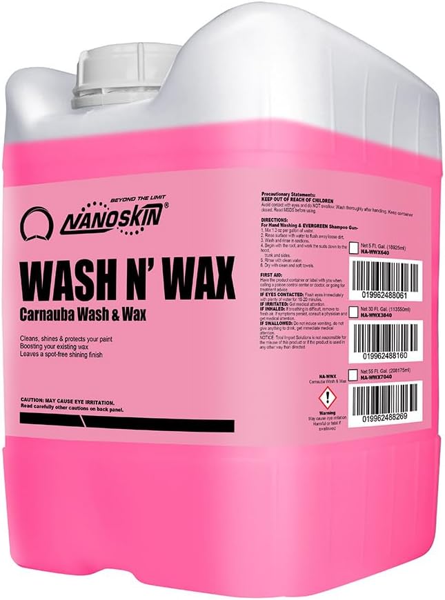 Nanoskin WASH N' WAX with Carnauba 5 gallons - Cleans & Shines in One Step | Works with Foam Cannon, Foam Gun, Bucket Washes, Pressure Washer | Carnauba Wax Protection for Cars