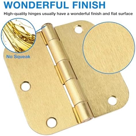 12 Pack Interior Door Hinges Brushed Brass 3.5 inch X 3-1/2" 5/8 Radius,3 ½"Satin Gold Round Standard Hinge for Single Doors DIY Assembly Bifold Table Hardware Kit House Accessories Home Eseentials