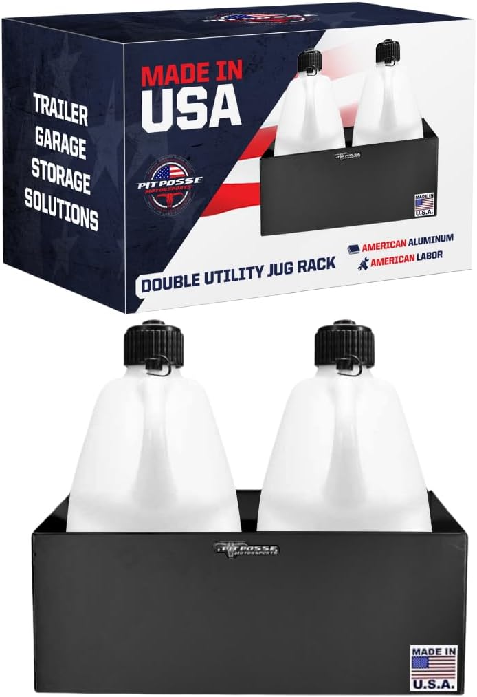 Pit Posse 430BK Double Utility Fuel Jug Rack Holder Shelf 23" Fits 2 Five Gallon Jugs - Made in USA - Enclosed Race Trailer Garage Shop Aluminum Storage Organizer - Includes Mounting Hardware (Black)