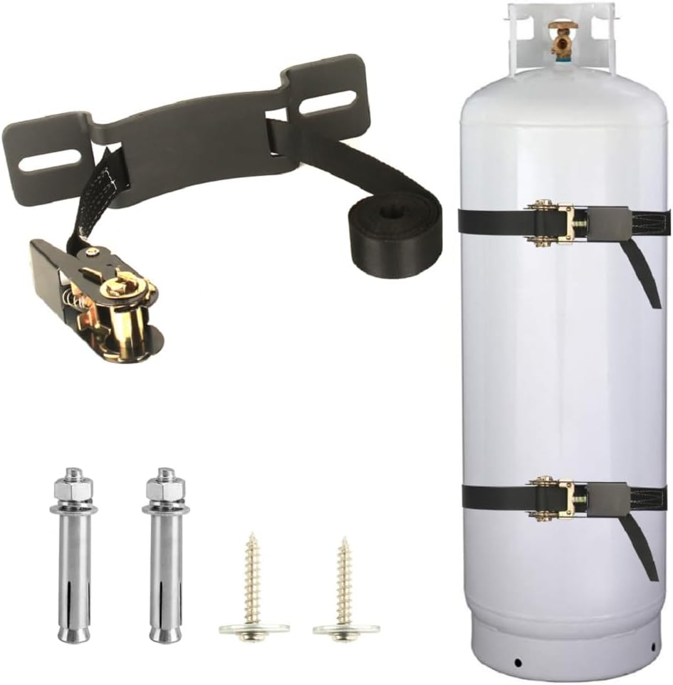 Propane Tank Holder ，Cylinder Wall Mounted Brackets, Ratchet Straps（6.6ft ）, Steel Gas Cylinder Holder, Heavy Duty Gas Cylinder Holder Wall-Mounted Bracket。 (black 1)