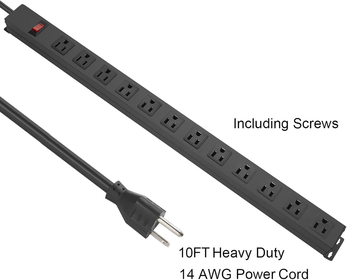 HHSOET Metal Wall Mount Power Strip, Mountable Power Outlet with 12 AC Outlets, Aluminum Alloy Mount Power Socket with Switch, 10 FT SJT 3/C 14AWG Power Cord, 15A 125V 1875W (12AC) Black