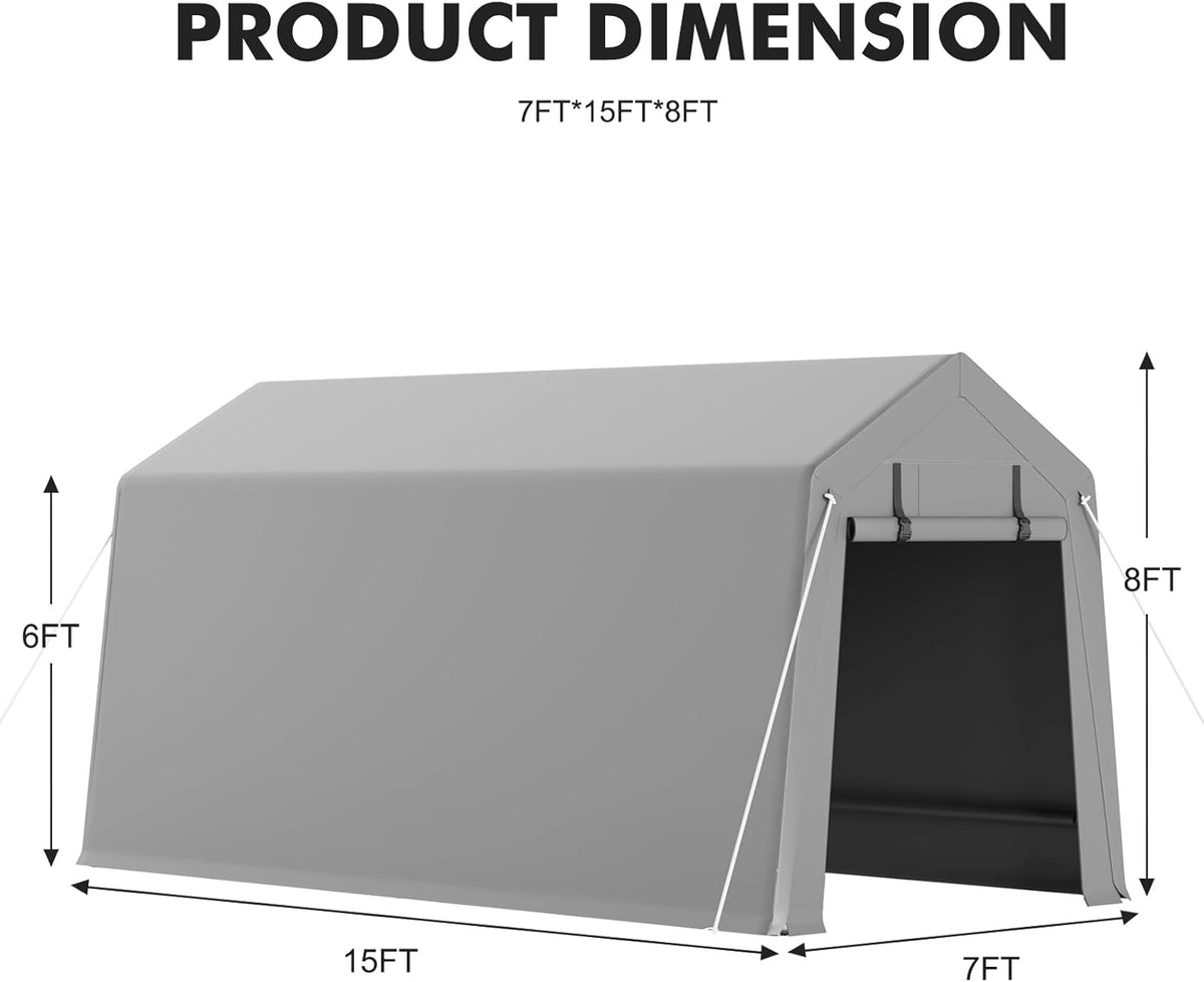 7 x 15 ft Carport Storage Shed, Portable Garage with Roll-up Zipper Door, Heavy Duty Waterproof Tarp, Storage for Motorcycle, Bike, Firewood, Garden Tools