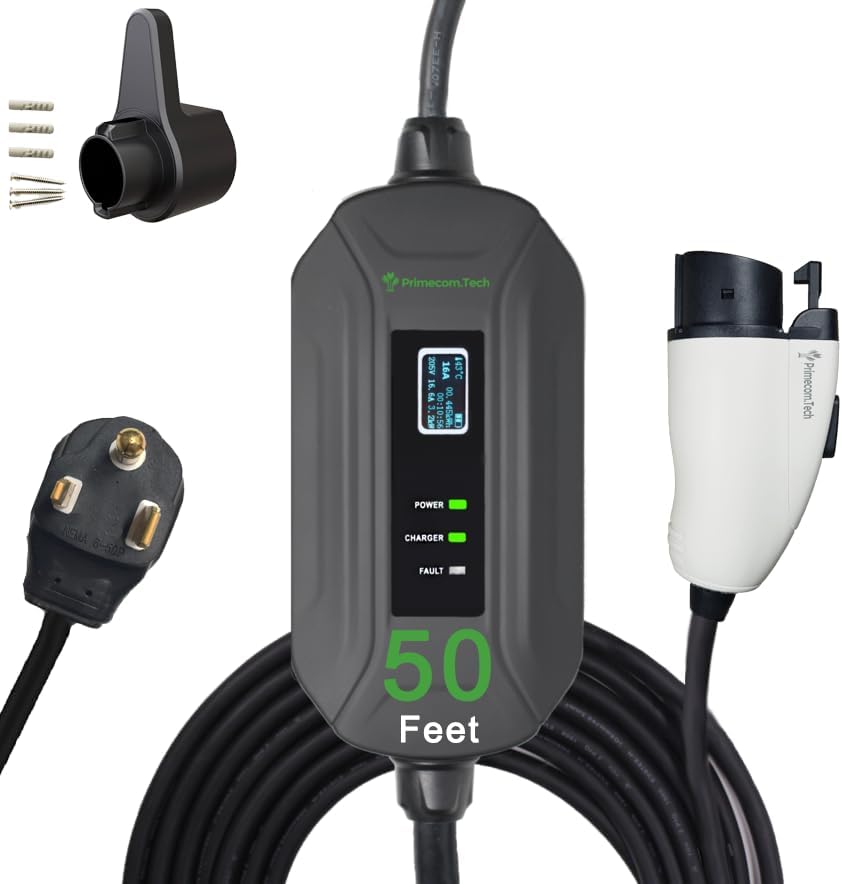 PRIMECOM Level 2 EV Charger 220/240V, 16A, 30ft & 50ft, Portable EVSE Electric Vehicle Charging Cable Compatible with Bolt Volt Leaf BMW i3 Fiat 500e Clarity NIRO Prius (50 Feet, 6-50P)