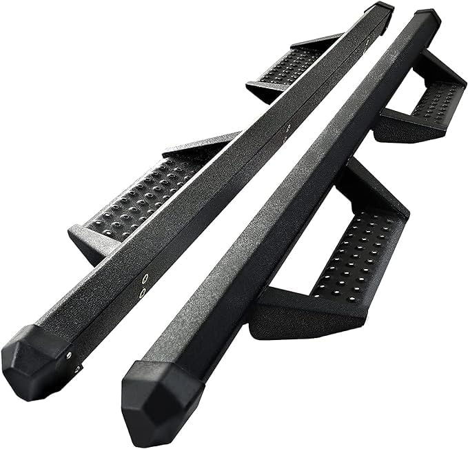 Running Boards Side Steps Compatible for Vehicle 2004-2023 Nissan Titan Crew Cab & 2016-2023 Titan XD Crew Cab. Dual-Stage Textured Black Powder Nerf Bars Step Rails. (BCKA85515-C)