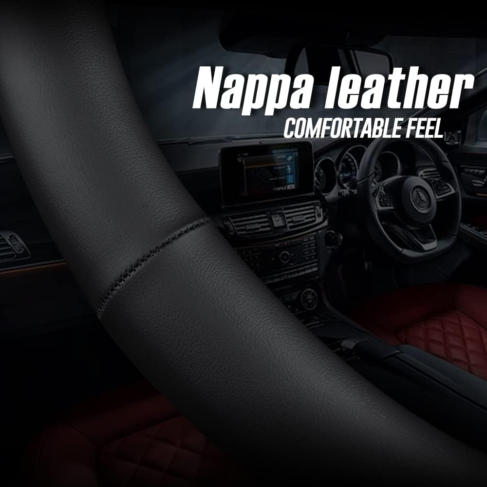 LKWLIKEI Nappa Premium Leather car Steering Wheel Cover, Non-Slip, Breathable, Universal 15 inches (red Blue line)