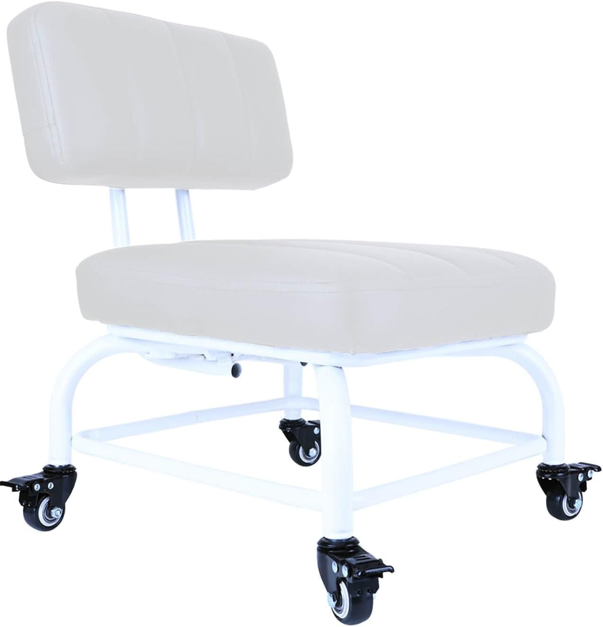 Rolling Stool and 4 Wheels with Brakes Rolling Chair for Home Office Garage Shop Roller Seat Water-Proof High Density Cushion and Steel White