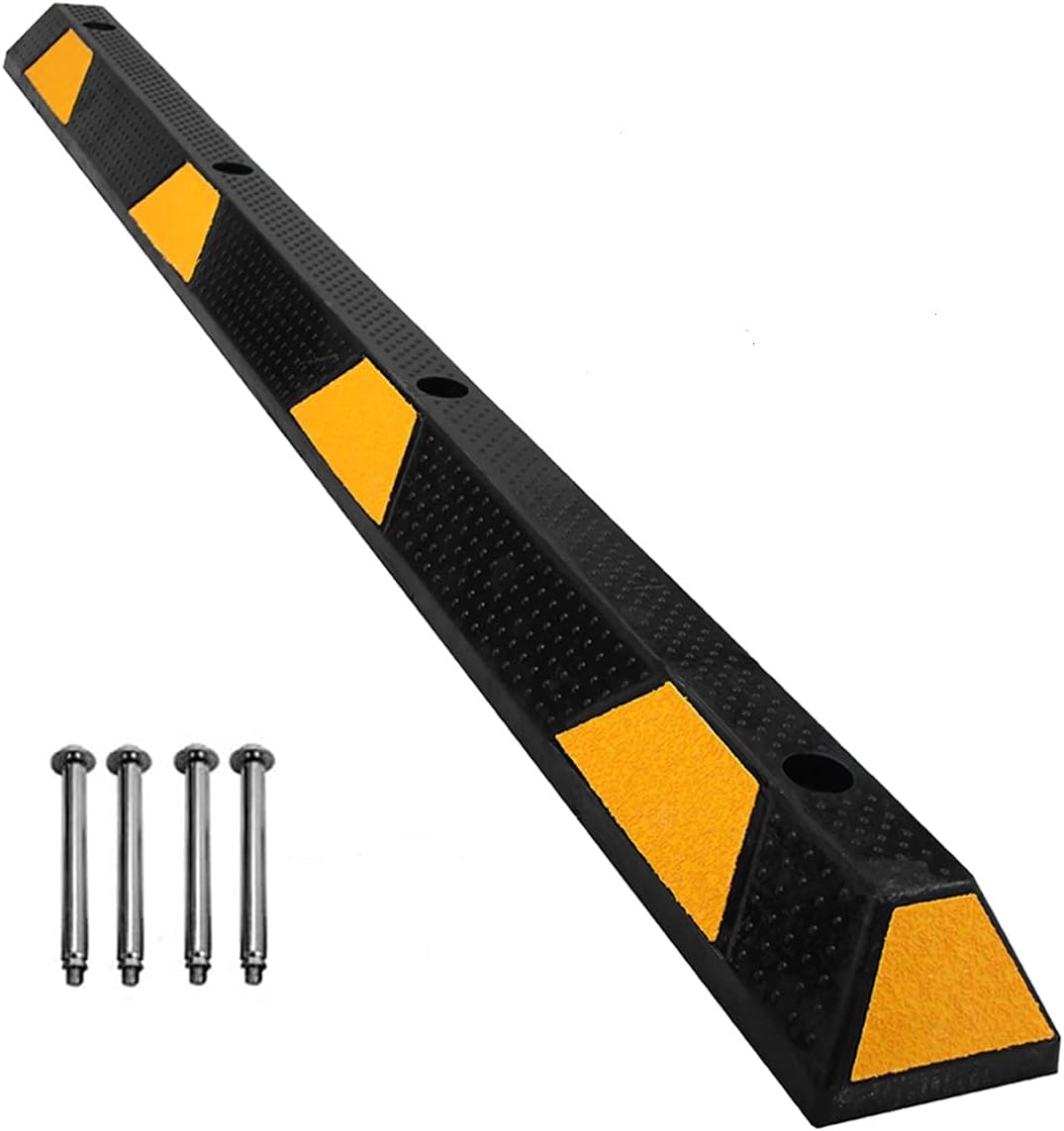 Parking Stopper for Garage 72" Long 1 Pack with 4 Installation Bolts High Reflective Yellow Safety Stripes Wheel Stop Stoppers for Car Truck RV and Trailer Stop Aid 1 Pack