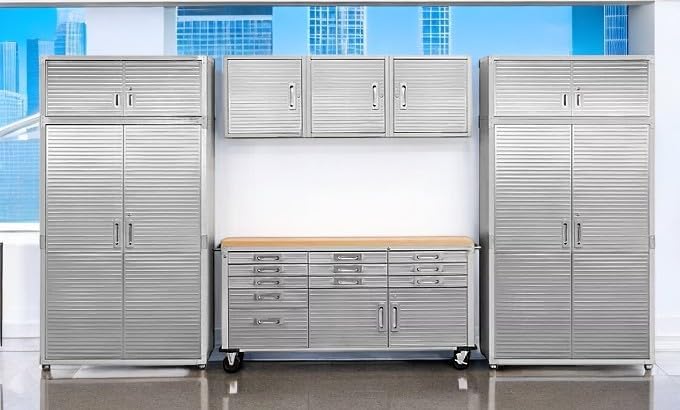 Heavy Duty 8-Piece Steel Garage Cabinet Storage Set With Rolling Workbench, 14 Feet Wide