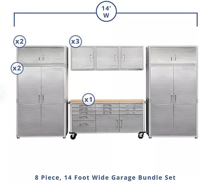 Heavy Duty 8-Piece Steel Garage Cabinet Storage Set With Rolling Workbench, 14 Feet Wide