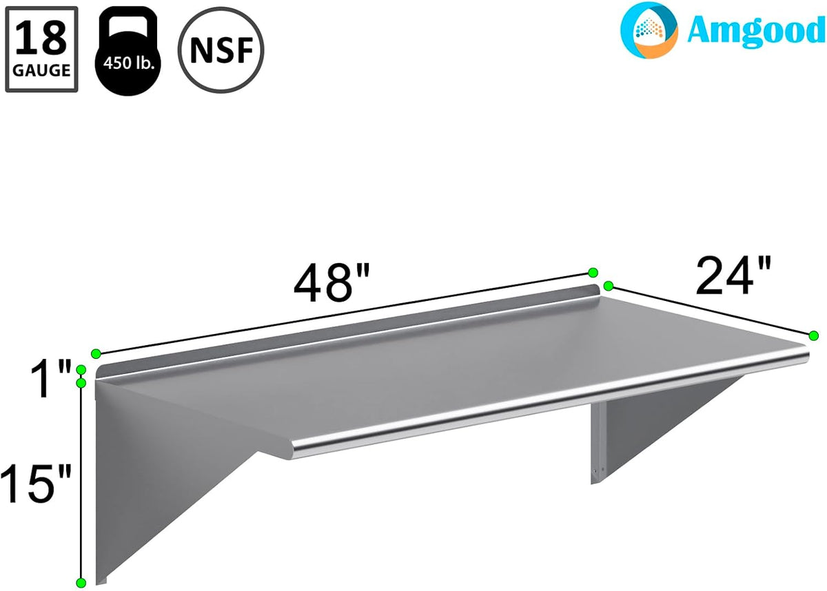 AmGood 48" Long X 24" Deep Stainless Steel Wall Shelf | NSF Certified | Appliance & Equipment Metal Shelving | Kitchen, Restaurant, Garage, Laundry, Utility Room