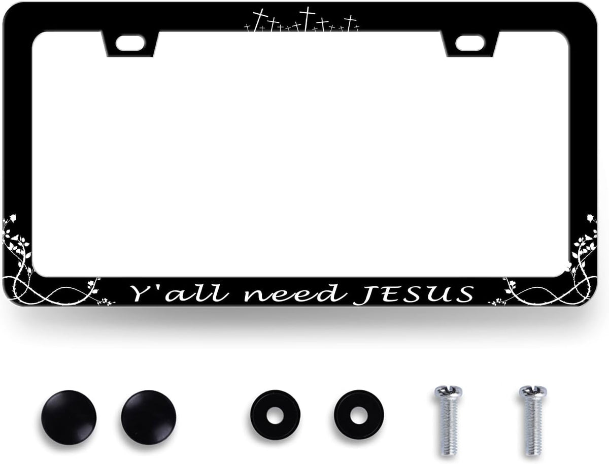 Y'all Need Jesus License Plate Frame Christian License Plate Frames Jesus Auto Accessory for Funny Text Car Decorative Stainless Steel License Plate Holder with Screws Men Women 12.2"x 6.2"