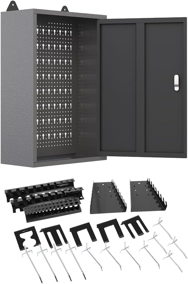 JZD Metal Storage Wall Mounted Cabinet with 22 Hooks, Lockable Small Tool Chest, for Garage Basement Workshop, Black and Gray