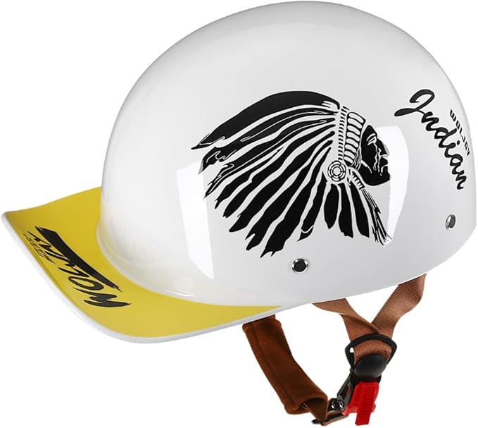 Vintage Retro Open Face Motorcycle Helmet Baseball Cap Half Helmets with pull-down Lens for Men Women Moped Cap Jet Scooter Street Cruiser - DOT Certified (Indian-White,Large)