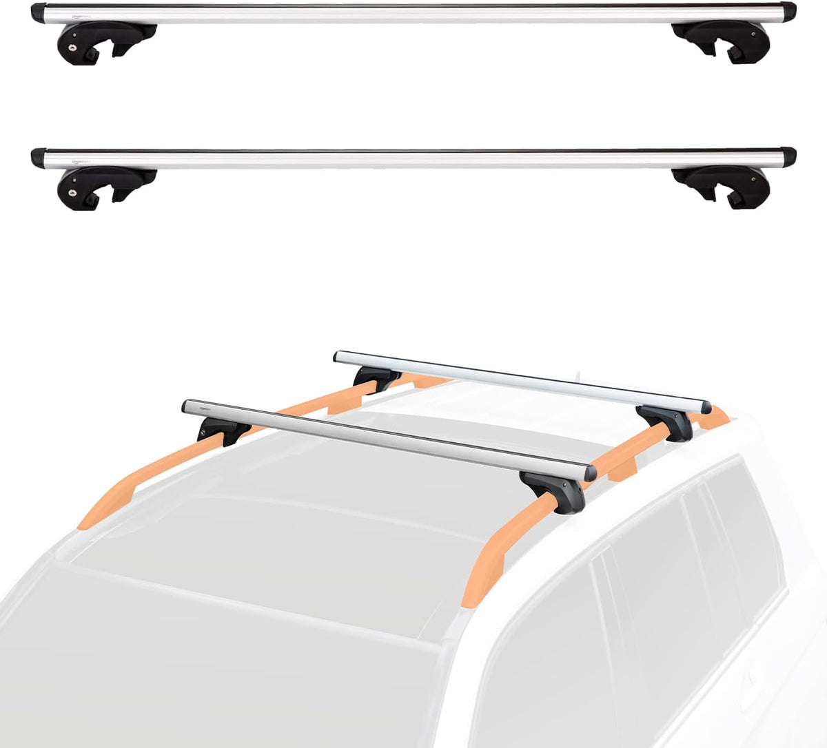 Amazon Basics Cross Rail Roof Rack, 56 inches, Fits up to 49.6" Spans between Raised Side Rails with Gap, Pack of 2, Black/Silver