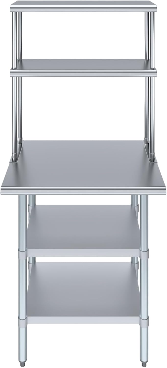 Amgood Stainless Steel Work Table with 2 Shelves | Metal Kitchen Prep Table & Shelving Combo (24" x 30" Table with 2 Shelves + 12" Overshelf)